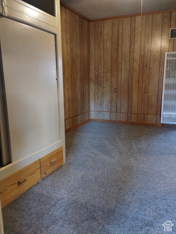 Unfurnished room with carpet floors and wooden walls