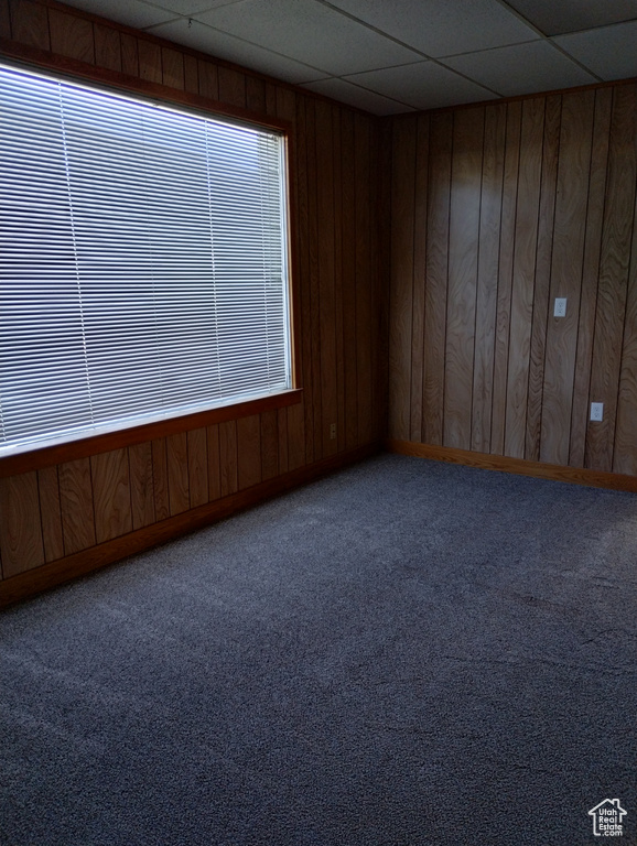 Carpeted spare room with a paneled ceiling and wood walls