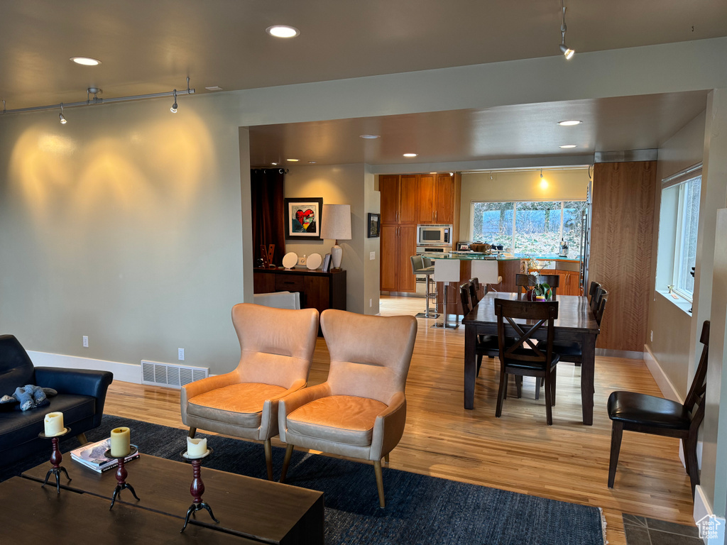 Living room with rail lighting and light hardwood / wood-style floors
