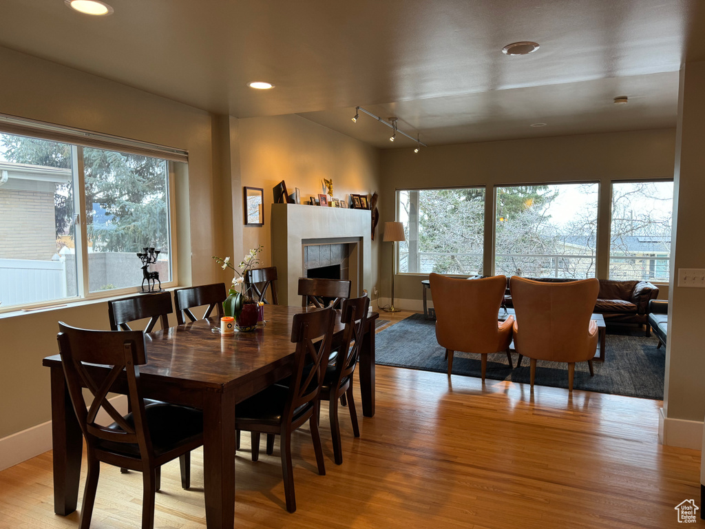 Dining area with light hardwood / wood-style flooring, a tile fireplace, and track lighting