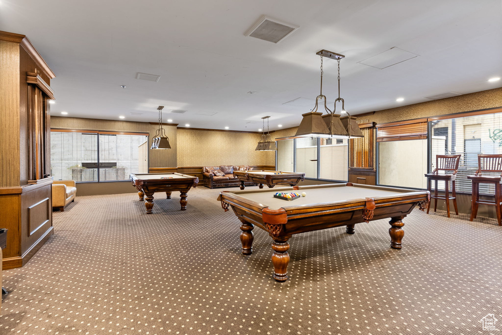 Playroom with carpet flooring and billiards