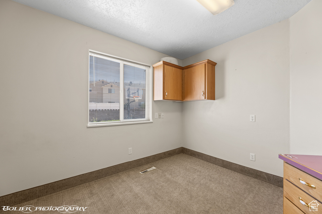 Unfurnished room featuring carpet flooring and a textured ceiling