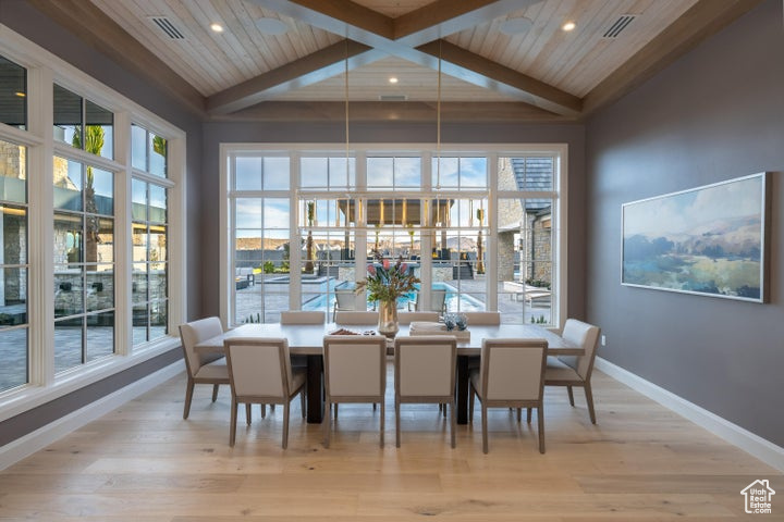 Dining room featuring light hardwood / wood-style floors, vaulted ceiling with beams, and a healthy amount of sunlight