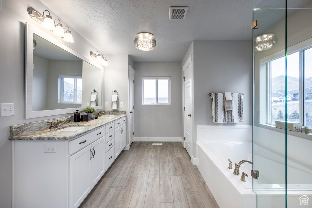 Bathroom with wood-type flooring, plenty of natural light, tiled tub, and dual vanity