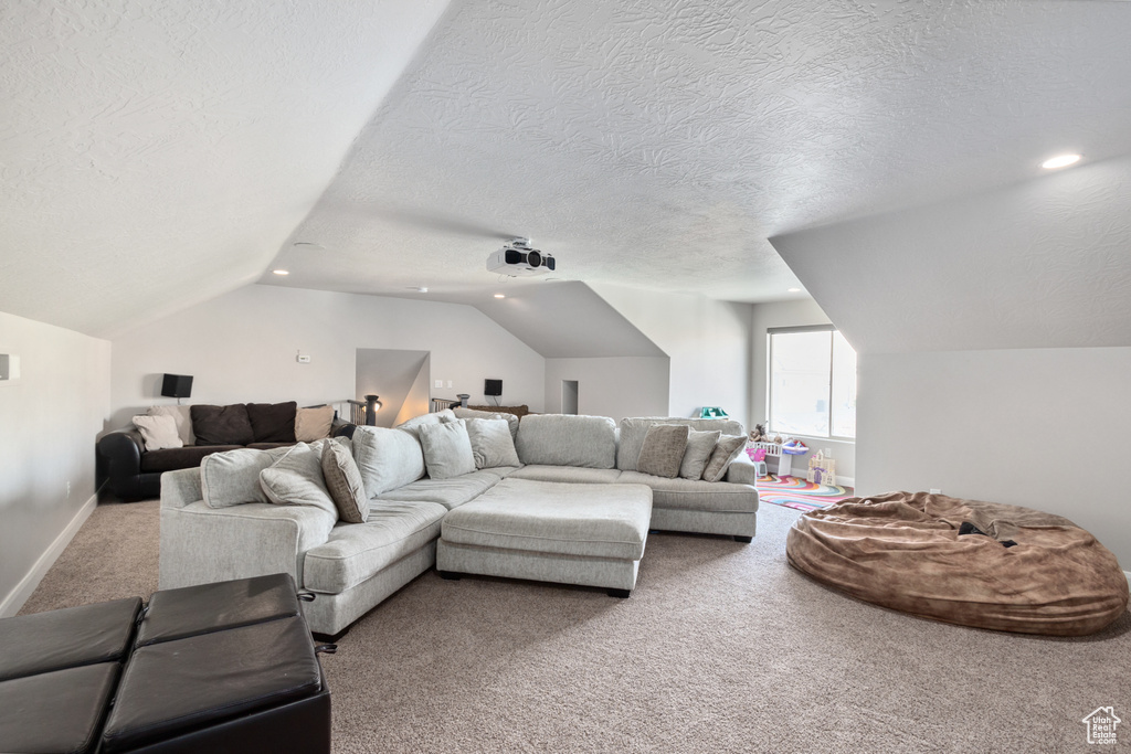 Carpeted living room with a textured ceiling and vaulted ceiling