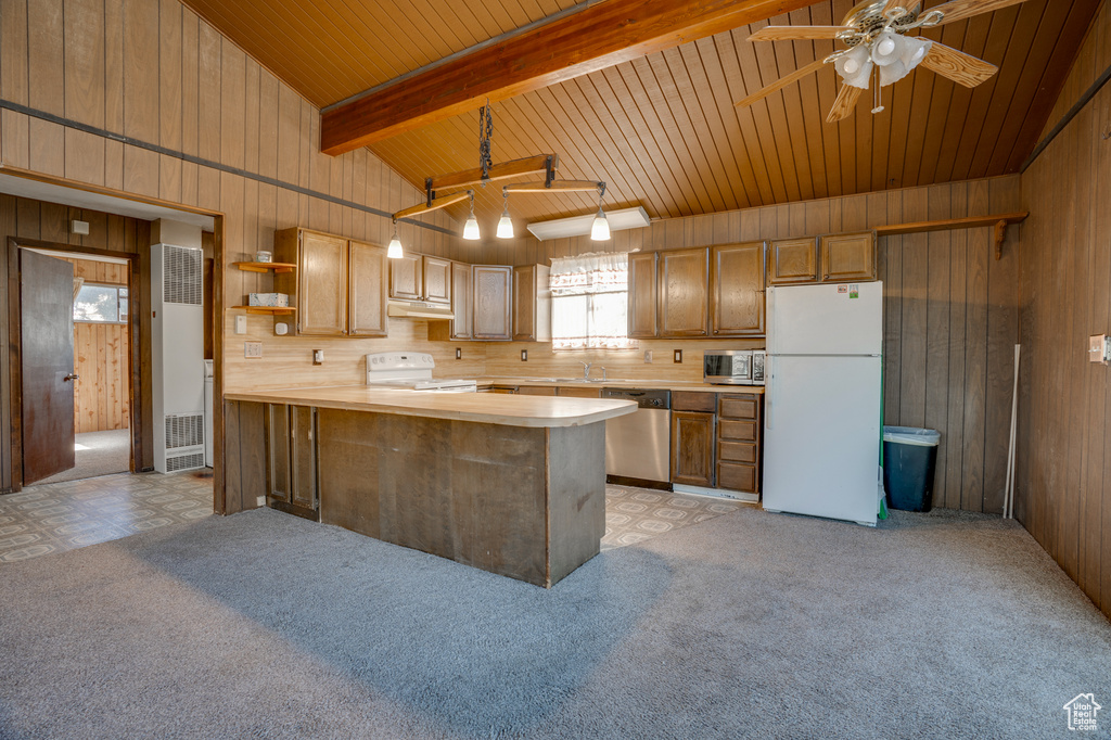 Kitchen with appliances with stainless steel finishes, ceiling fan, and light carpet