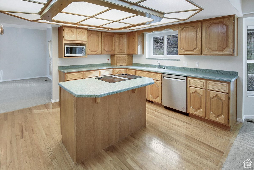 Kitchen featuring light hardwood / wood-style floors, a center island, sink, and stainless steel appliances