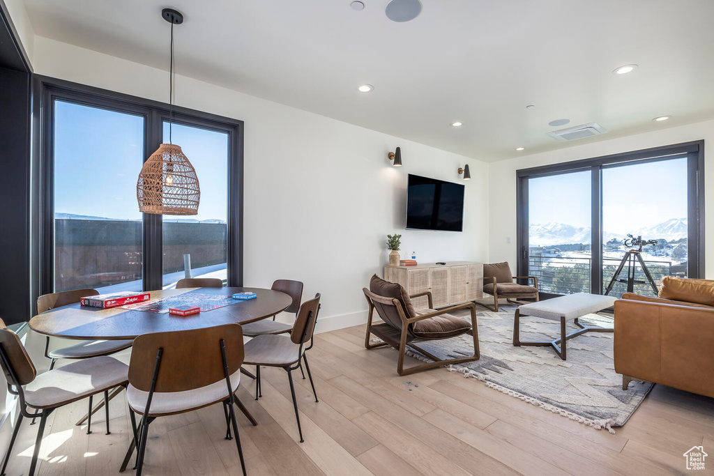 Interior space featuring a mountain view and light hardwood / wood-style floors
