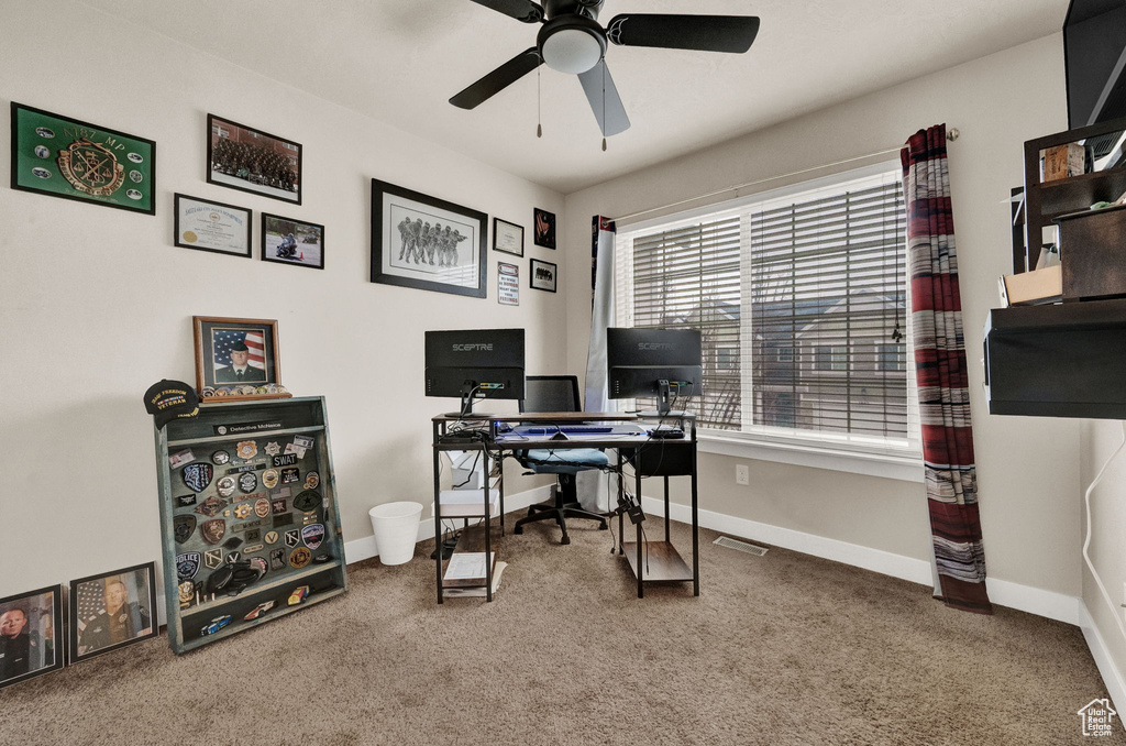 Office with dark carpet and ceiling fan