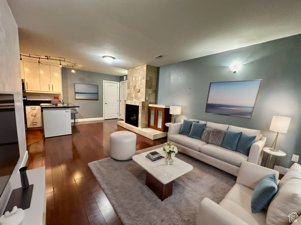 Living room featuring rail lighting, a stone fireplace, and dark hardwood / wood-style floors