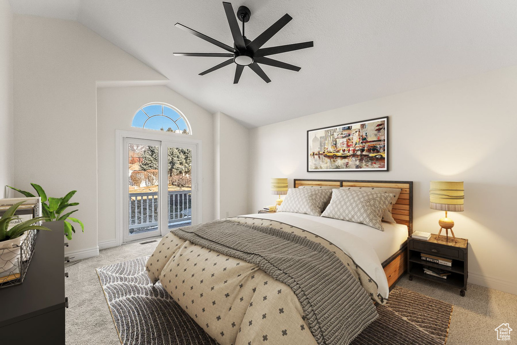 Bedroom featuring light carpet, vaulted ceiling, ceiling fan, and access to exterior