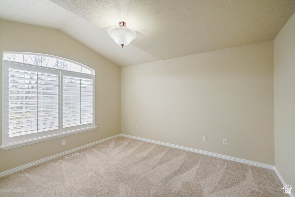Spare room with light carpet, a textured ceiling, and lofted ceiling