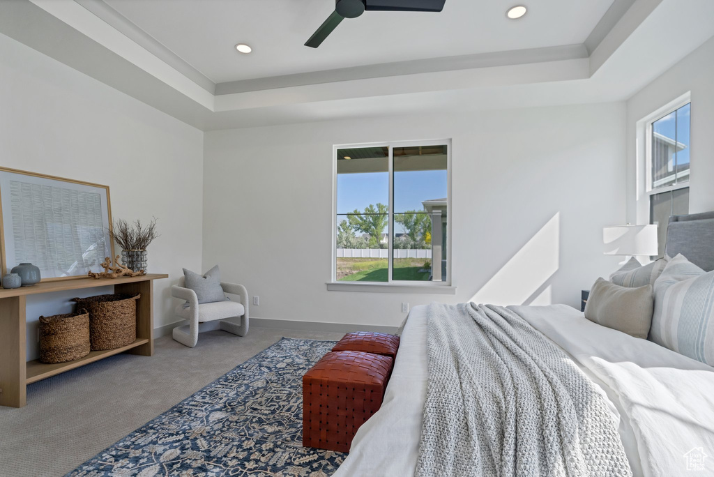 Carpeted bedroom with multiple windows, a raised ceiling, and ceiling fan