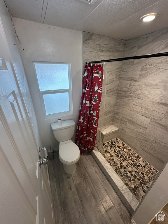 Bathroom featuring toilet, walk in shower, and wood-type flooring
