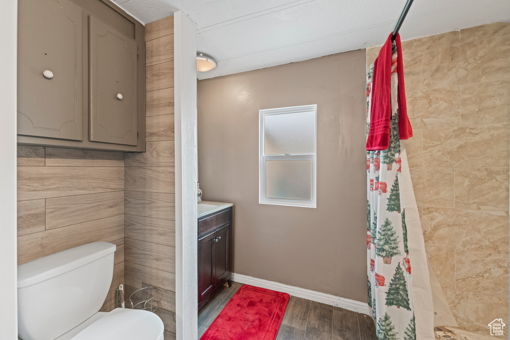 Bathroom featuring vanity, toilet, hardwood / wood-style floors, and tile walls