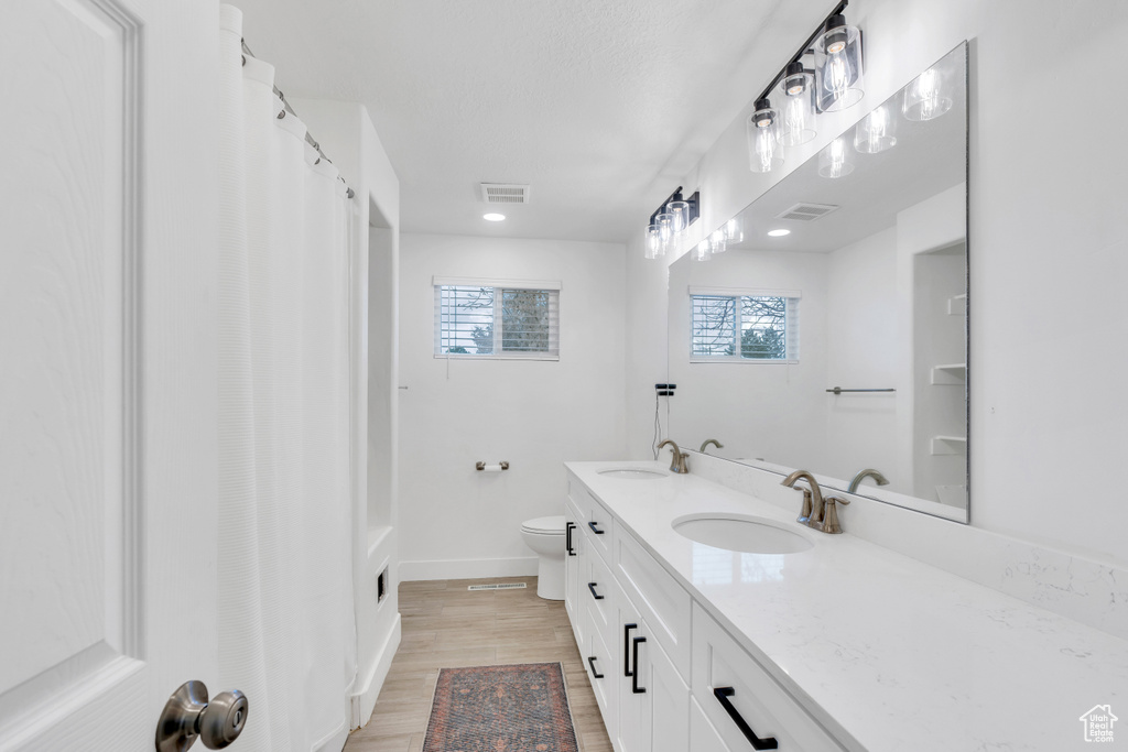 Bathroom featuring a wealth of natural light, hardwood / wood-style floors, dual bowl vanity, and toilet