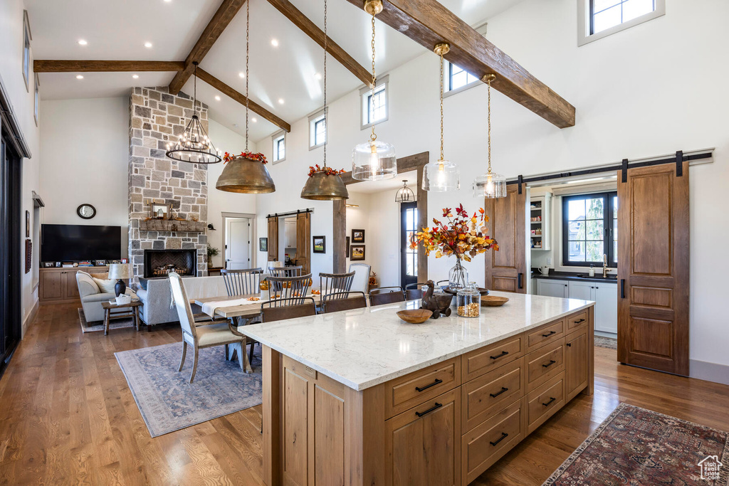 Kitchen featuring hanging light fixtures, hardwood / wood-style flooring, a center island, and a barn door