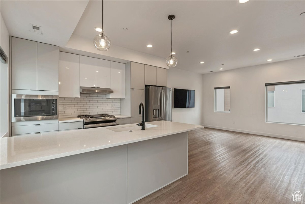 Kitchen featuring light wood-type flooring, tasteful backsplash, sink, stainless steel appliances, and pendant lighting