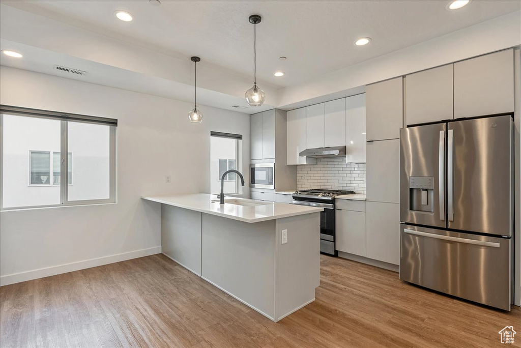 Kitchen featuring pendant lighting, stainless steel appliances, backsplash, light hardwood / wood-style flooring, and sink