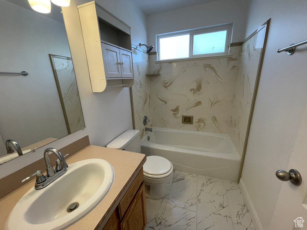 Full bathroom with vanity, toilet, shower / bathing tub combination, and tile flooring