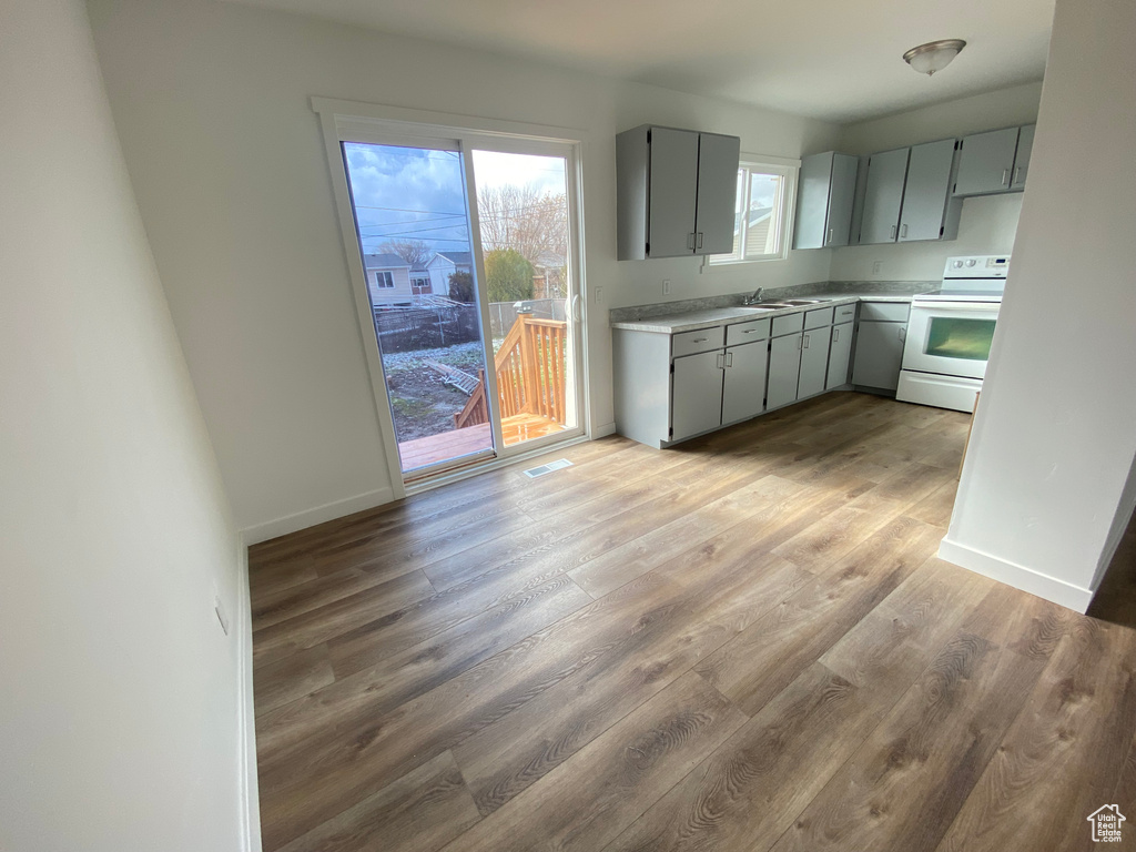 Kitchen featuring light hardwood / wood-style flooring, sink, electric range, and gray cabinets
