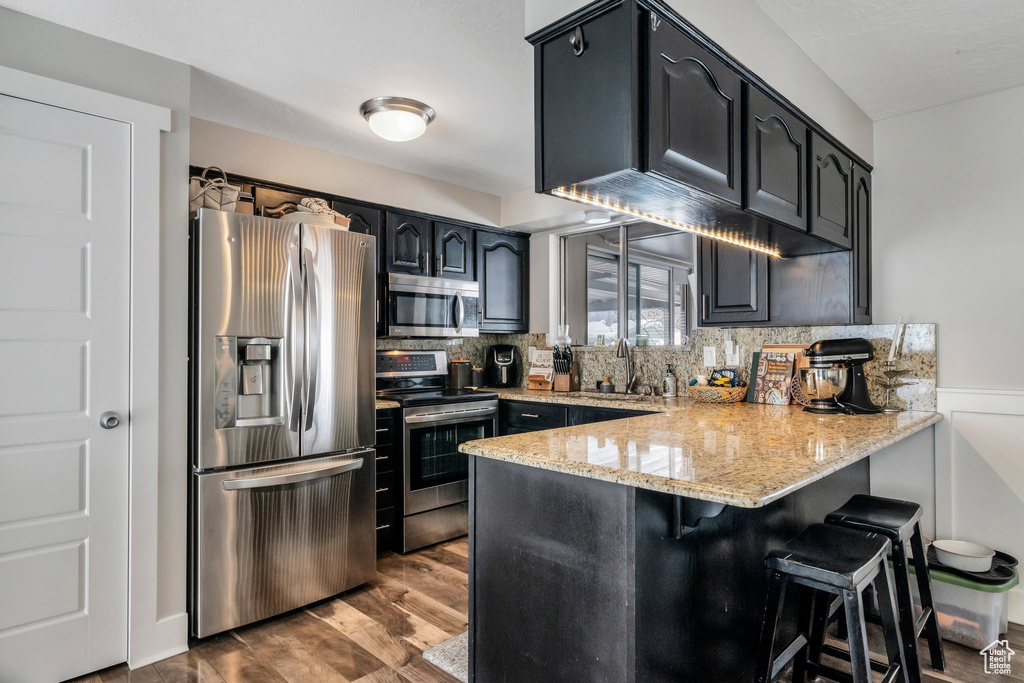Kitchen featuring dark wood-type flooring, stainless steel appliances, light stone countertops, tasteful backsplash, and sink