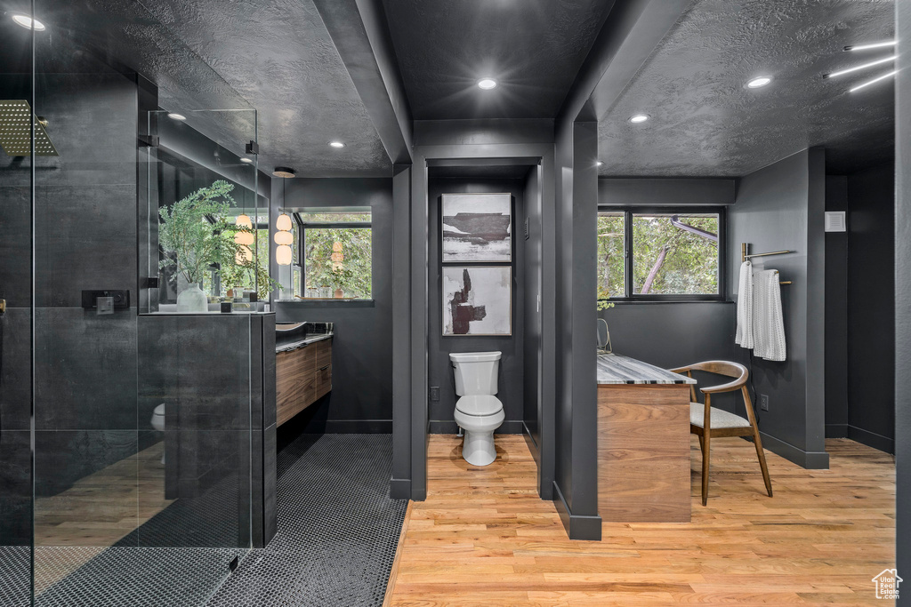Bathroom featuring vanity, toilet, walk in shower, and hardwood / wood-style flooring