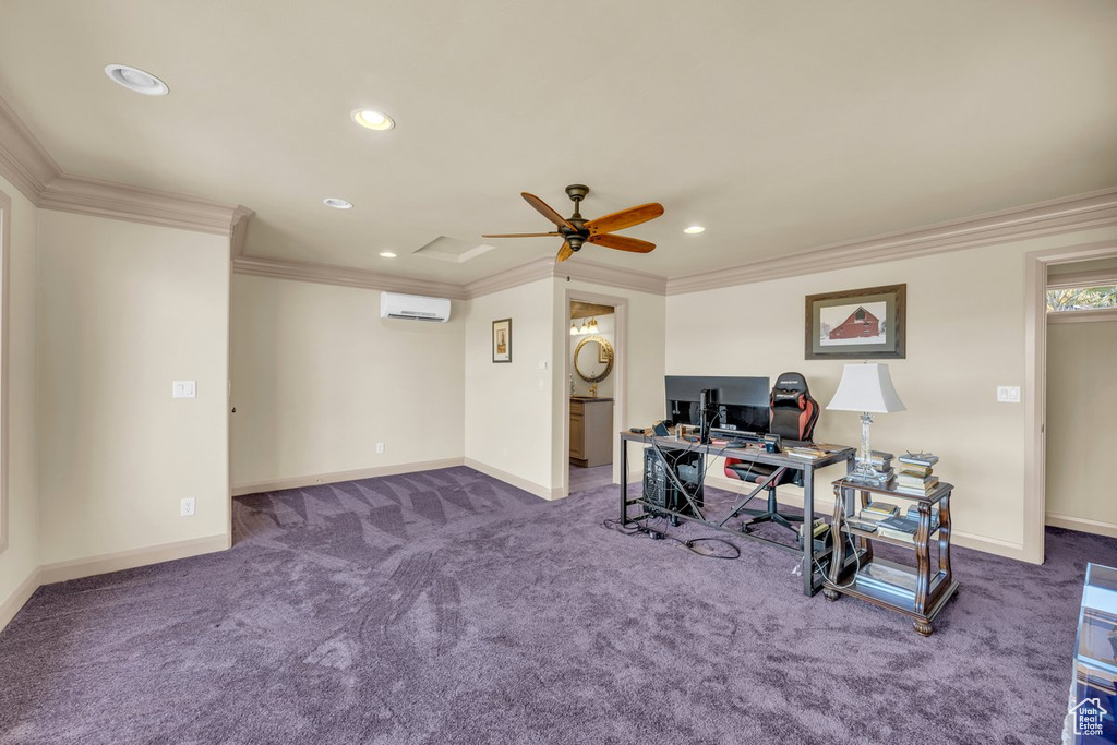 Carpeted office space featuring a wall mounted AC, crown molding, and ceiling fan