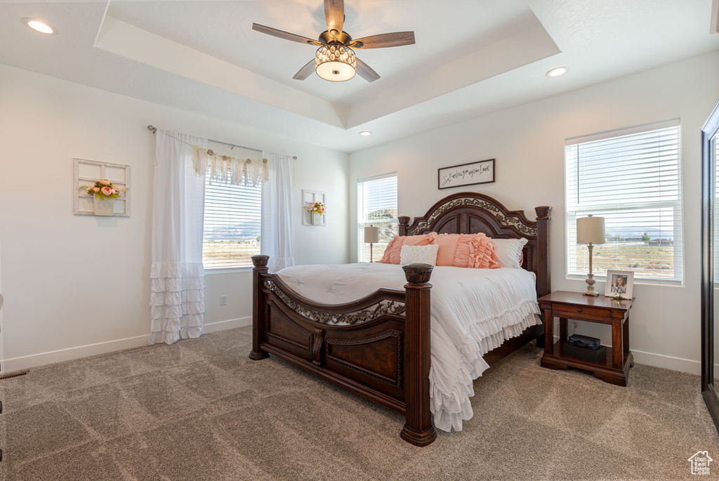 Bedroom featuring ceiling fan, a raised ceiling, and carpet flooring