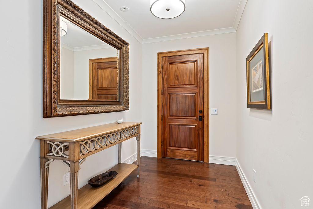 Entrance foyer with dark wood-type flooring and crown molding