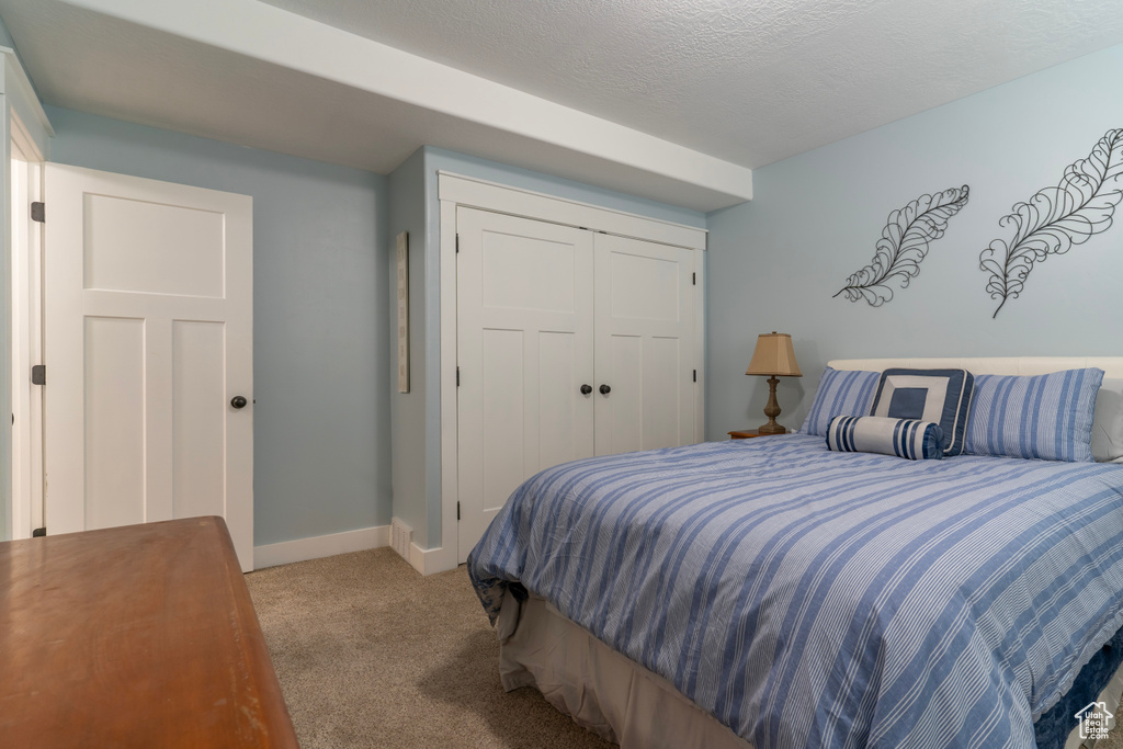Carpeted bedroom with a closet and a textured ceiling