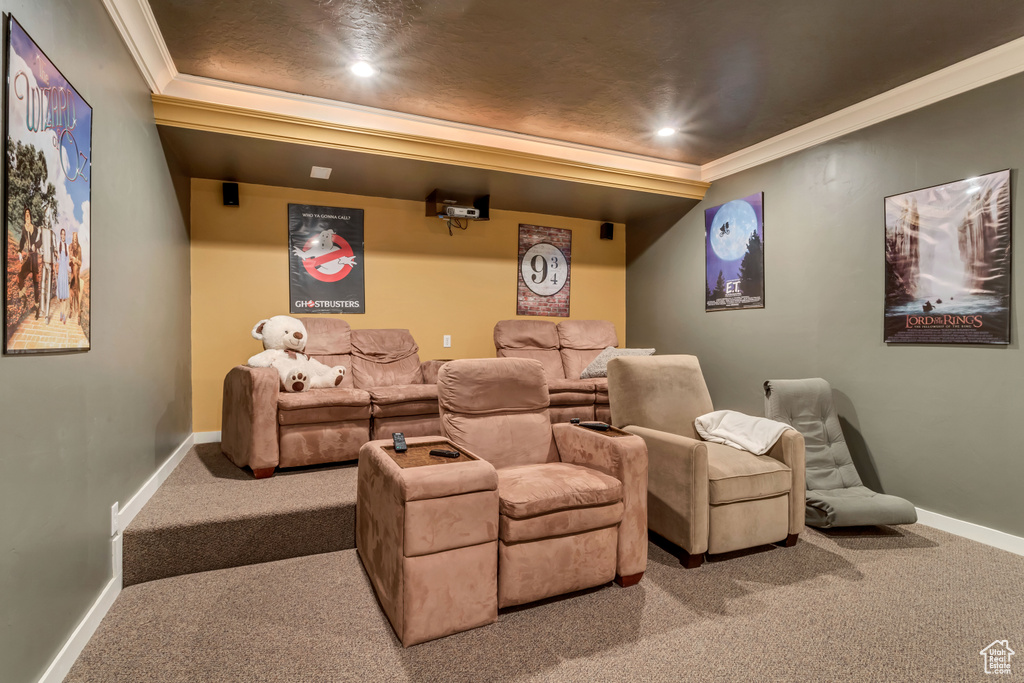 Carpeted home theater with crown molding