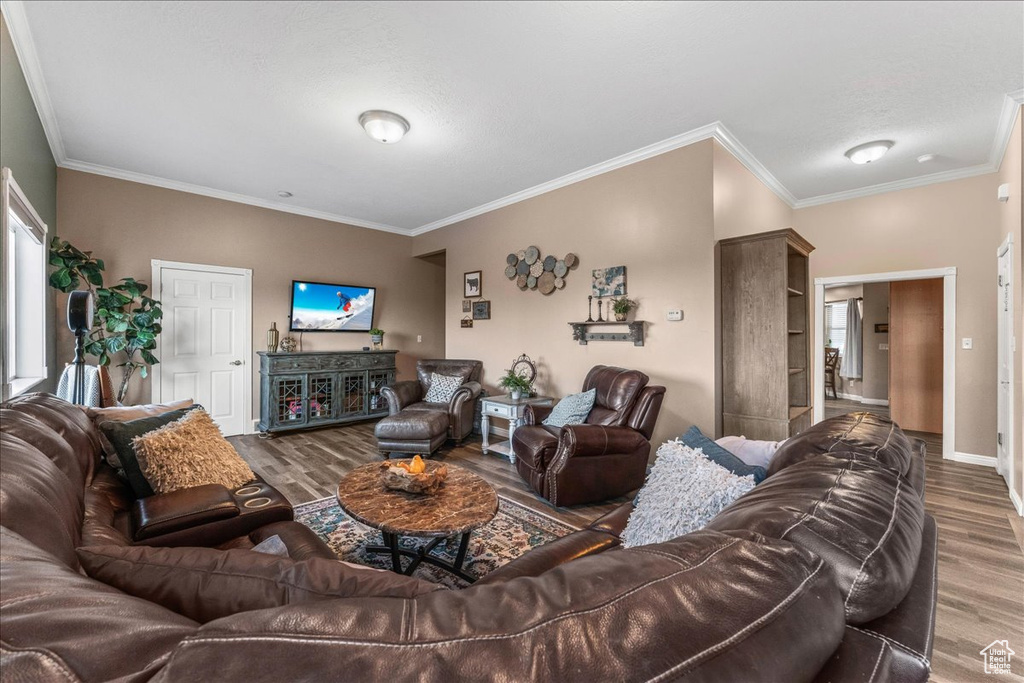 Living room featuring dark hardwood / wood-style floors and ornamental molding