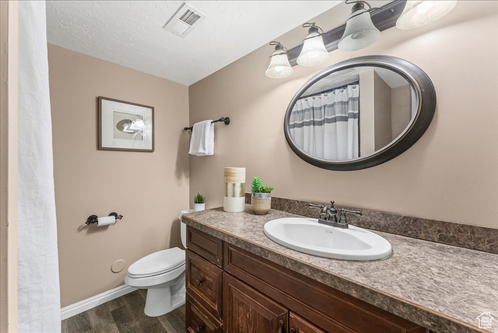 Bathroom featuring vanity with extensive cabinet space, hardwood / wood-style flooring, a textured ceiling, and toilet