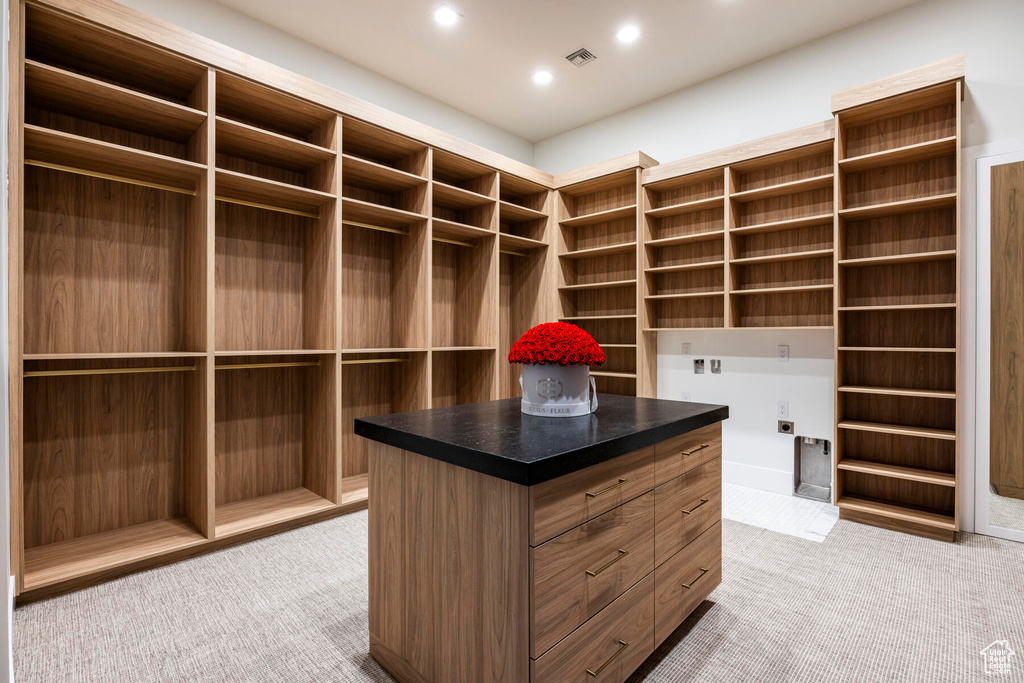 Spacious closet featuring light colored carpet