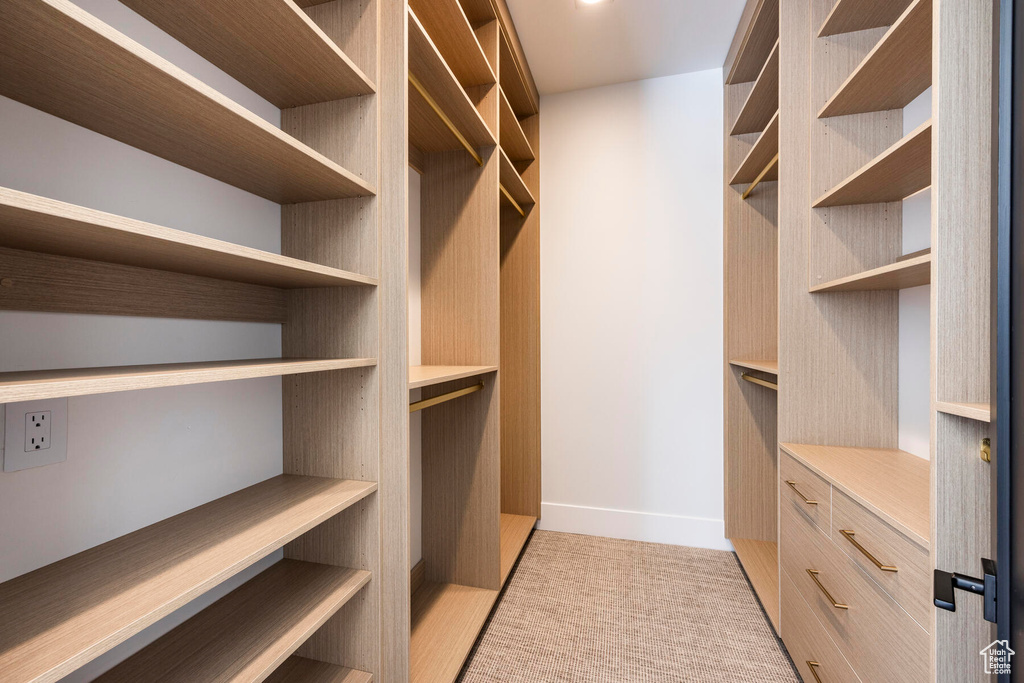 Spacious closet with light colored carpet