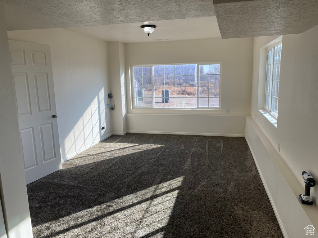 Carpeted empty room featuring a textured ceiling