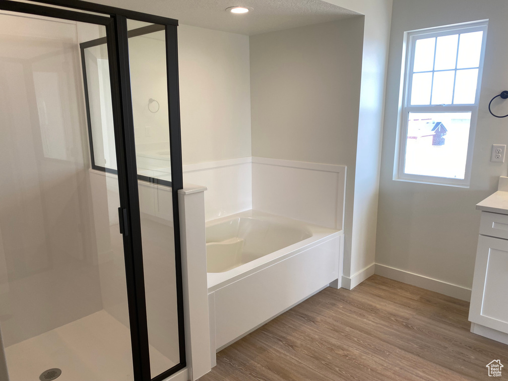 Bathroom featuring vanity, hardwood / wood-style floors, and plus walk in shower