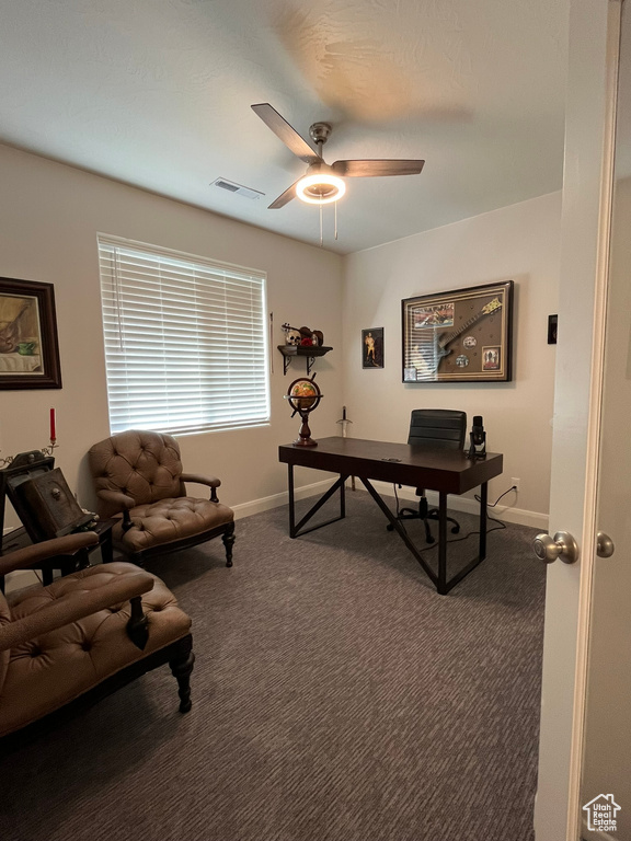 Office area with dark colored carpet and ceiling fan