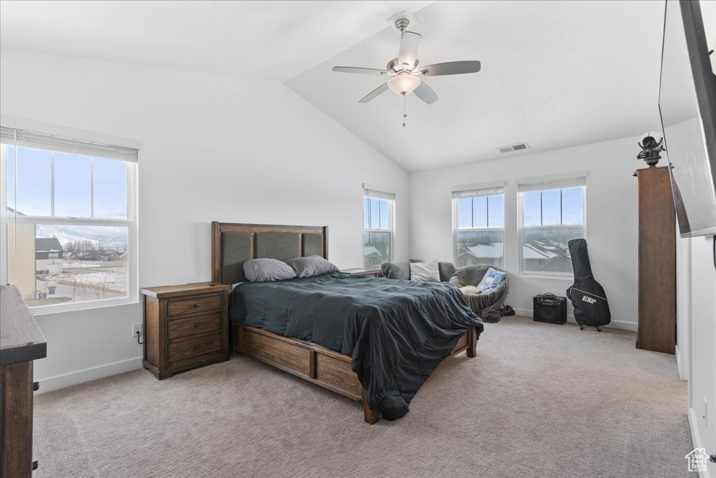 Carpeted bedroom with vaulted ceiling, multiple windows, and ceiling fan