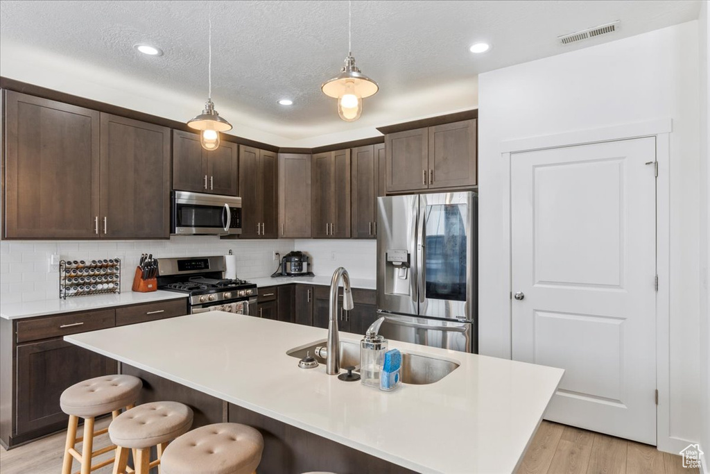 Kitchen featuring appliances with stainless steel finishes, light wood-type flooring, a center island with sink, a kitchen breakfast bar, and pendant lighting