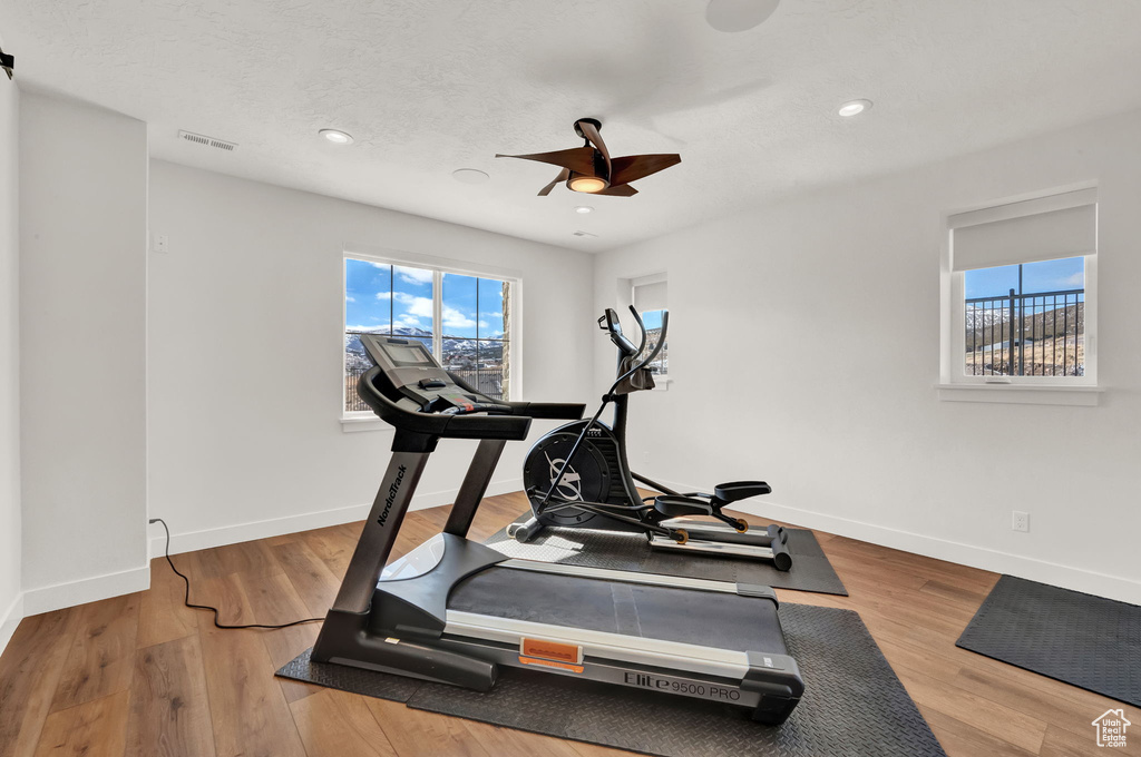 Exercise area with light hardwood / wood-style flooring and ceiling fan