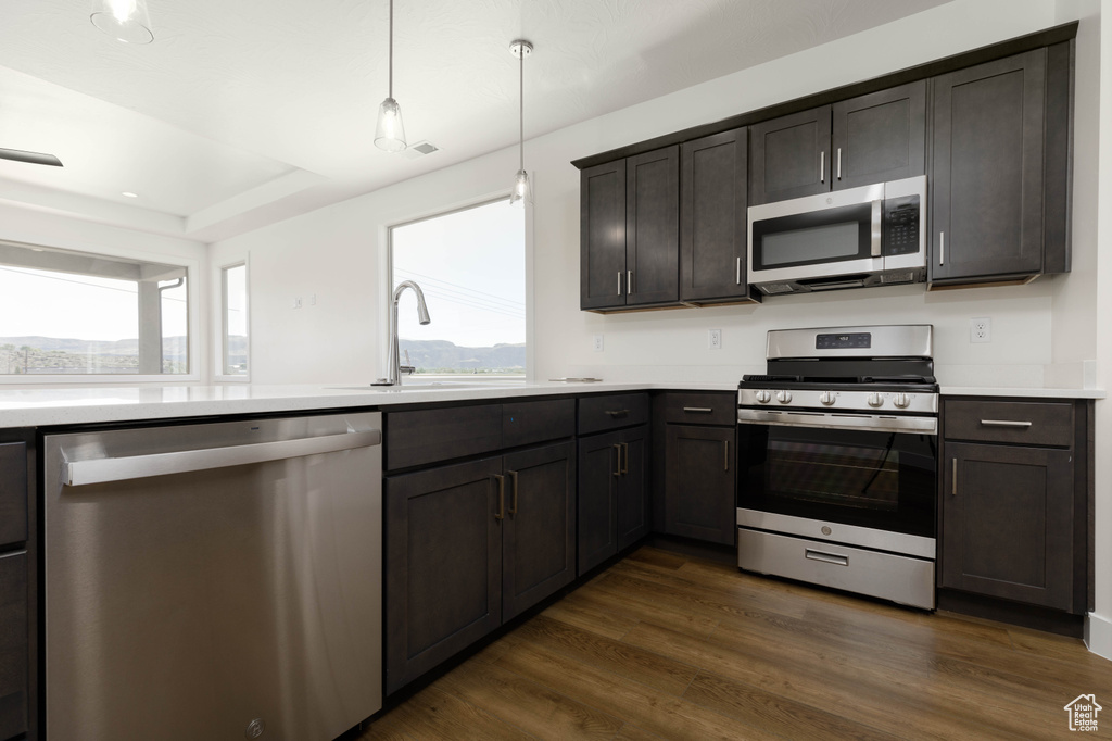 Kitchen featuring dark hardwood / wood-style floors, decorative light fixtures, stainless steel appliances, sink, and dark brown cabinetry