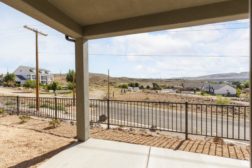 View of patio / terrace featuring a mountain view