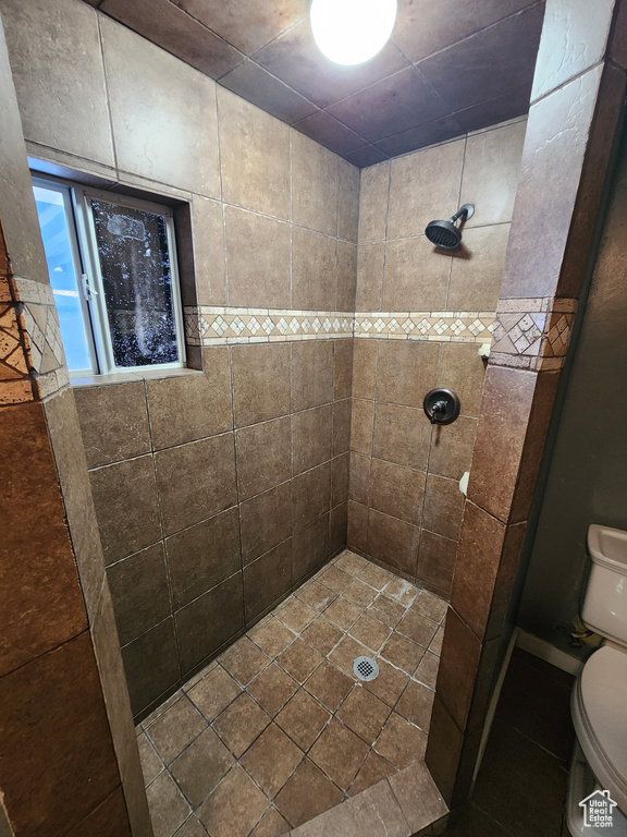 Bathroom with a tile shower and toilet