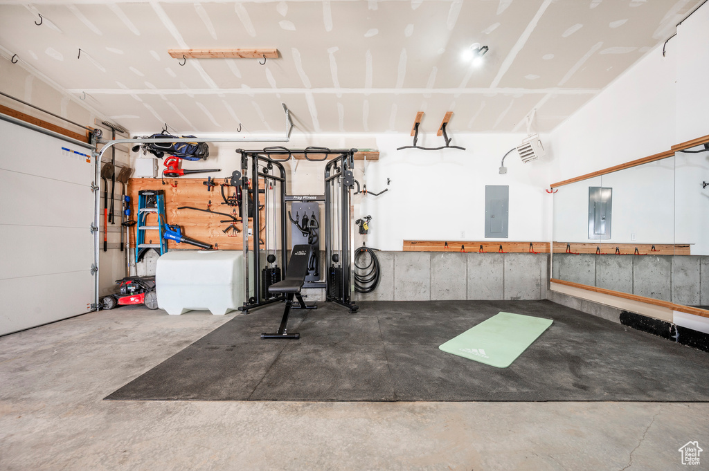 Garage featuring a workshop area