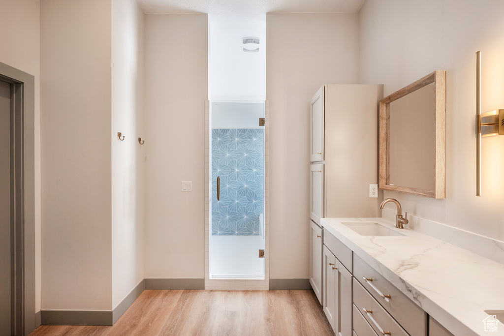 Bathroom with large vanity and hardwood / wood-style flooring