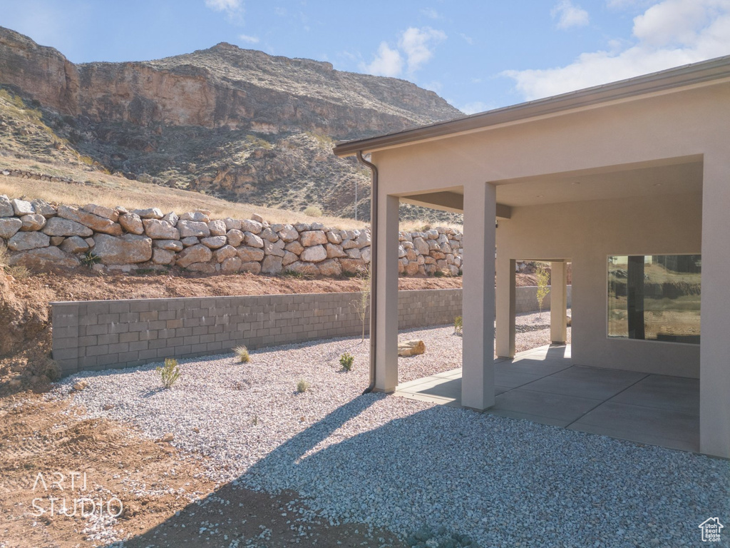 View of patio featuring a mountain view