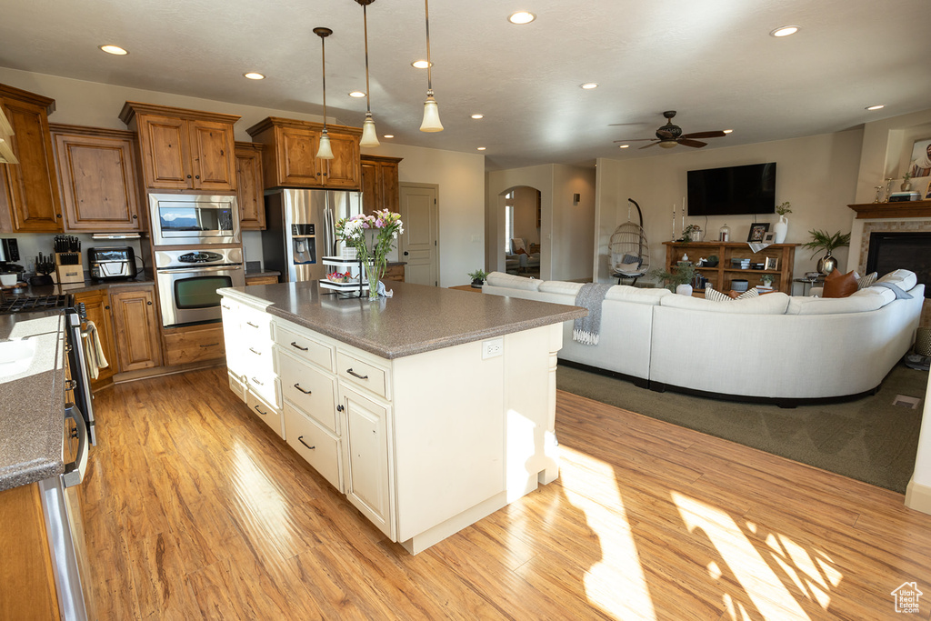 Kitchen featuring light hardwood / wood-style floors, a center island, appliances with stainless steel finishes, and ceiling fan