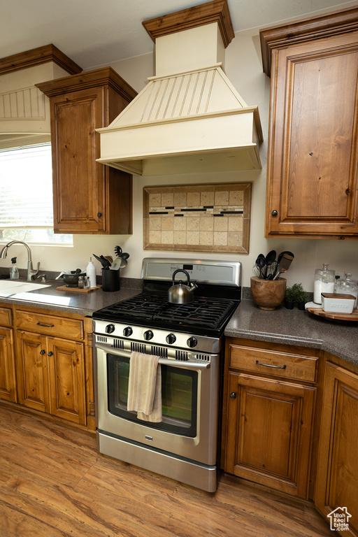 Kitchen featuring stainless steel gas range, light hardwood / wood-style flooring, sink, and custom range hood